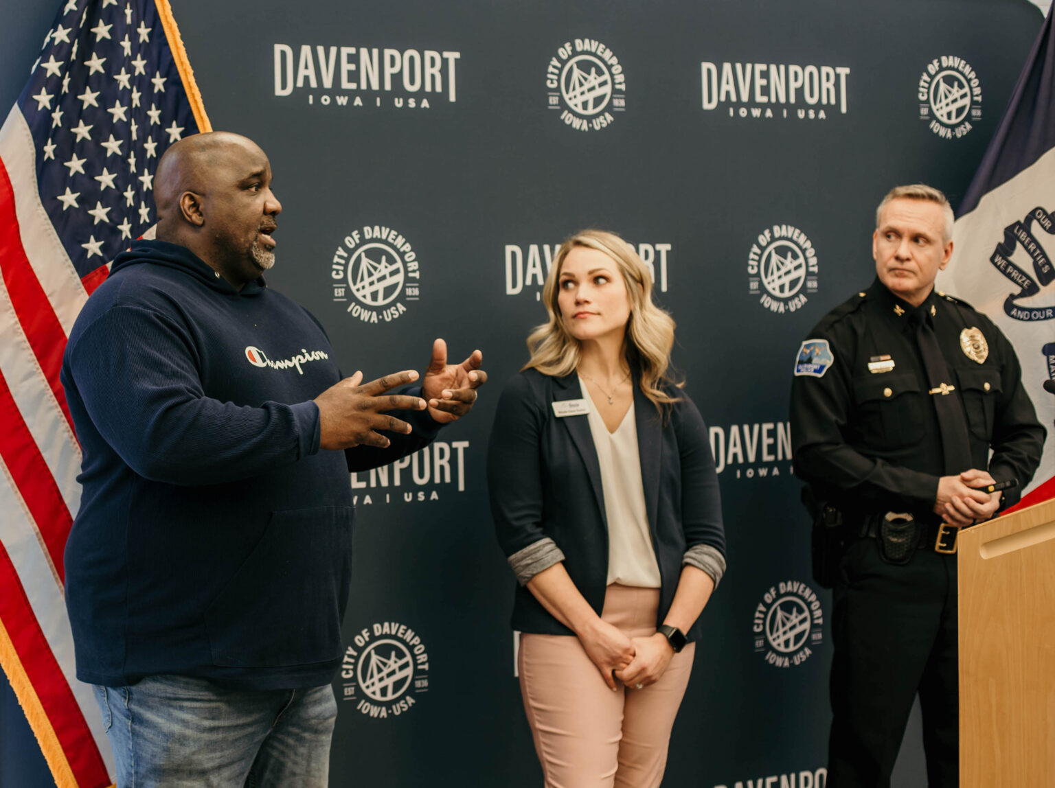 Group Violence Intervention press conference (Dwayne Hodges, community member; Nicole Durbin, President/CEO Family Resources; and DPD Chief Bladel)