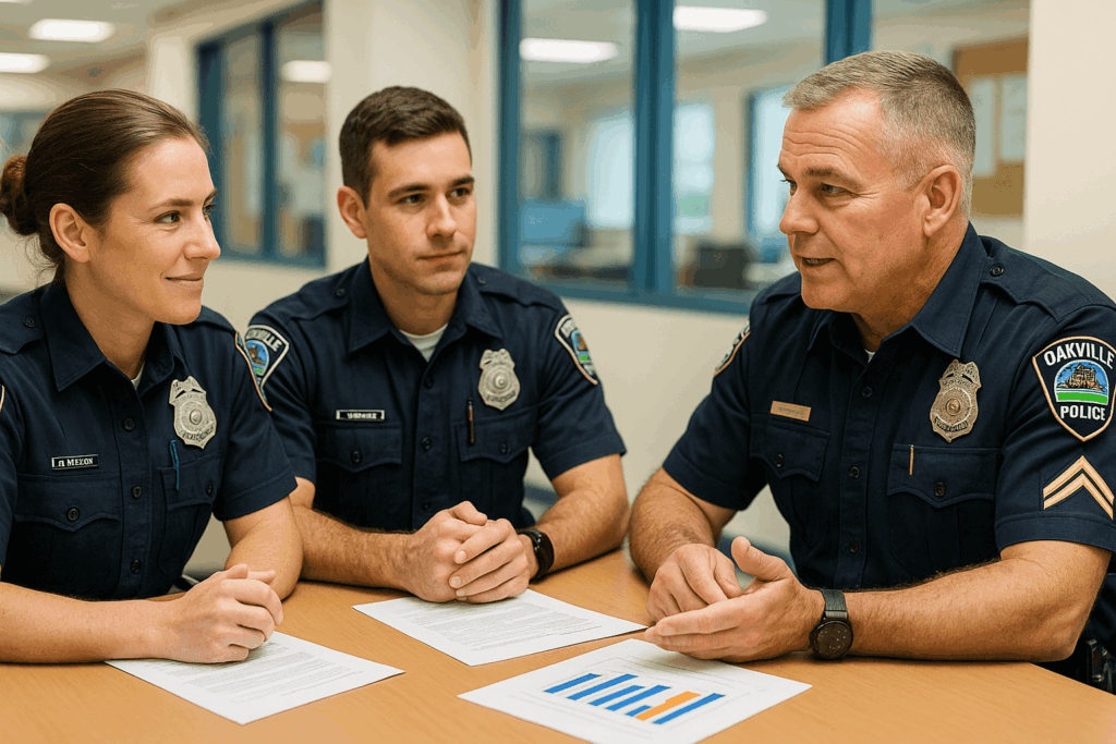 Three police officers sit at a table reviewing printed documents and a chart during a planning session.
