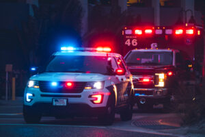 Police and fire trucks responding to emergency